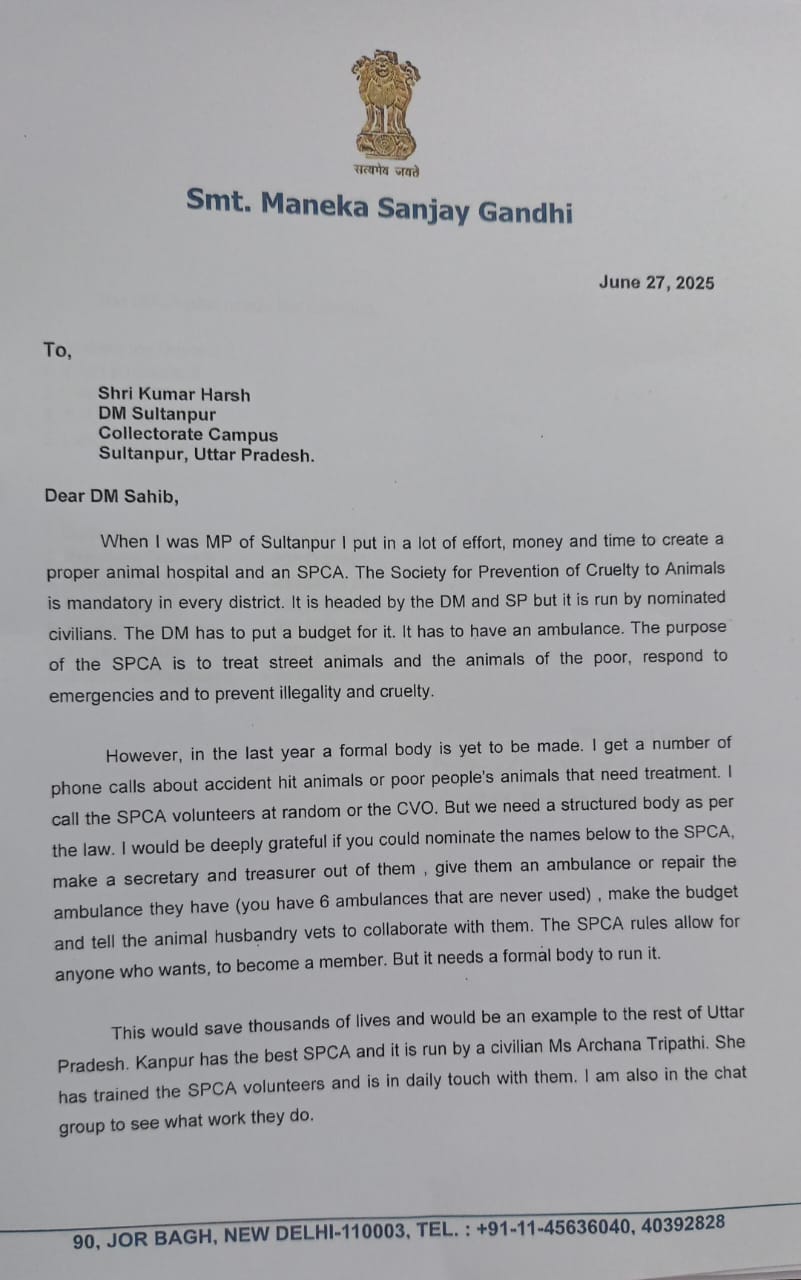 सुल्तानपुर की पूर्व सांसद मेनका गांधी फिर हुई सक्रिय डीएम को लिखा पत्र, पशु क्रूरता निवारण सोसाइटी गठन को बताया आवश्यक
