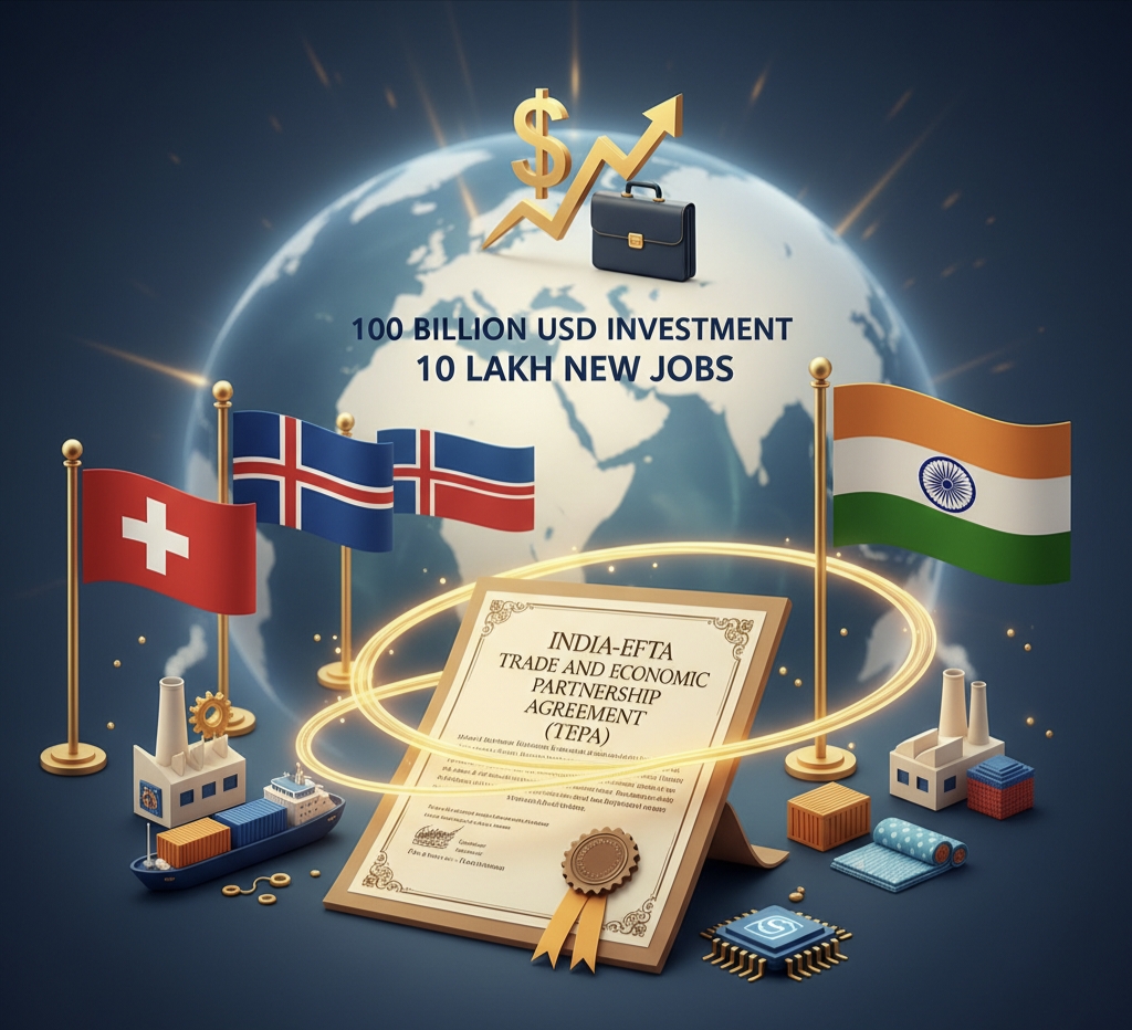 ऐतिहासिक डील लागू! भारत-EFTA मुक्त व्यापार समझौता (TEPA) प्रभावी, 0 अरब निवेश और 10 लाख नौकरियों का रास्ता खुला।